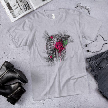 The t-shirt Rose Skeleton Branches Torso was created especially for women. It will be a manifestation of your brightness and originality. This is a high quality fabric and printed product, wear-resistant, pleasant to the touch. Printing and photo printing, images, drawings on T-shirt is performed by our studio at a high technological level. Hi-Tees online store presents men's t-shirts of various colors made of 100% fine jersey cotton and decorated with original prints. The printed T-shirt is the best choice for any occasion! T-shirt