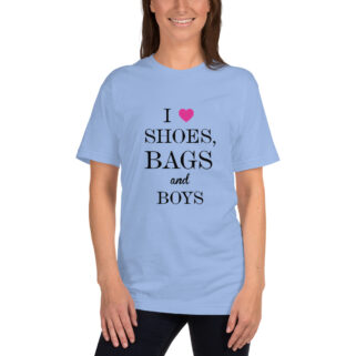 I Love Shoes, Bags And Boys is a great designer decision in the Funny Slogans Category. This unisex t-shirt  is a manifestation of your brightness and originality. It's a high quality fabric and printed product, wear-resistant, pleasant to touch. All slogans are printed by our studio with high peformance equipment. Our online store presents tees of various colors, made of 100% fine jersey cotton and decorated with designer prints. Thematic T-shirt is the best choice for every day and any occasion. T-shirt