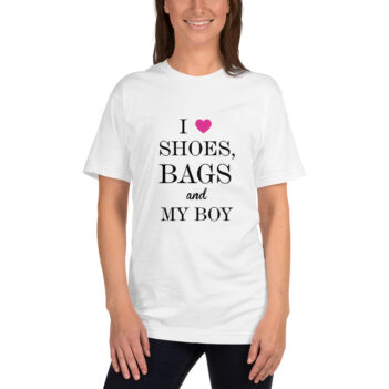 I Love Shoes, Bags And My Boy is a great designer decision in the Funny Slogans Category. This unisex t-shirt  is a manifestation of your brightness and originality. It's a high quality fabric and printed product, wear-resistant, pleasant to touch. All slogans are printed by our studio with high peformance equipment. Our online store presents tees of various colors, made of 100% fine jersey cotton and decorated with designer prints. Thematic T-shirt is the best choice for every day and any occasion. T-shirt