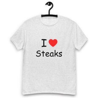 "I Love Steaks" is a great designer decision in the Funny Slogans Category. This unisex t-shirt  is a manifestation of your brightness and originality. It's a high quality fabric and printed product, wear-resistant, pleasant to touch. All slogans are printed by our studio with high peformance equipment. Our online store presents tees of various colors, made of 100% cotton and decorated with designer prints. Thematic T-shirt is the best choice for every day and any occasion.