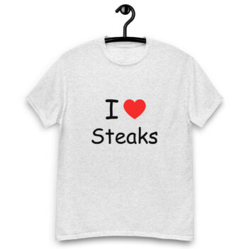 "I Love Steaks" is a great designer decision in the Funny Slogans Category. This unisex t-shirt  is a manifestation of your brightness and originality. It's a high quality fabric and printed product, wear-resistant, pleasant to touch. All slogans are printed by our studio with high peformance equipment. Our online store presents tees of various colors, made of 100% cotton and decorated with designer prints. Thematic T-shirt is the best choice for every day and any occasion.