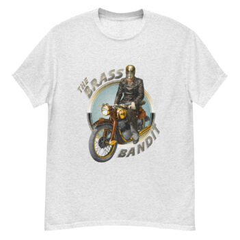 "Brass Bandit Motorcycle" is a great designer decision in the Cool Images Category. This unisex t-shirt  is a manifestation of your brightness and originality. It’s a high quality fabric and printed product, wear-resistant, pleasant to touch. All images are printed with high peformance equipment. Printed T-shirt is the best choice for every day and any occasion.