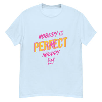 "Nobody Is Perfect..." is a great designer decision in the Funny Slogans Category. This unisex t-shirt  is a manifestation of your brightness and originality. It's a high quality fabric and printed product, wear-resistant, pleasant to touch. All slogans are printed by our studio with high peformance equipment. Our online store presents tees of various colors, made of 100% cotton and decorated with designer prints. Thematic T-shirt is the best choice for every day and any occasion.