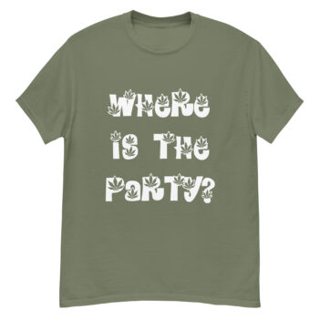 "Where Is The Party?" is a great designer decision in the Funny Slogans Category. This unisex t-shirt  is a manifestation of your brightness and originality. It's a high quality fabric and printed product, wear-resistant, pleasant to touch. All slogans are printed by our studio with high peformance equipment. Our online store presents tees of various colors, made of 100% cotton and decorated with designer prints. Thematic T-shirt is the best choice for every day and any occasion.