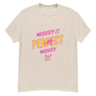 "Nobody Is Perfect..." is a great designer decision in the Funny Slogans Category. This unisex t-shirt  is a manifestation of your brightness and originality. It's a high quality fabric and printed product, wear-resistant, pleasant to touch. All slogans are printed by our studio with high peformance equipment. Our online store presents tees of various colors, made of 100% cotton and decorated with designer prints. Thematic T-shirt is the best choice for every day and any occasion.