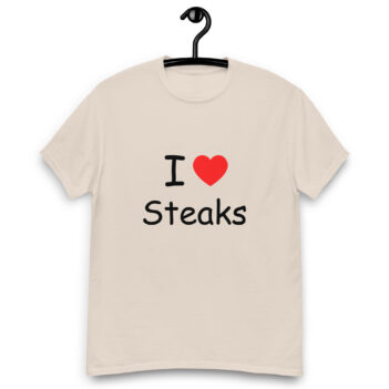 "I Love Steaks" is a great designer decision in the Funny Slogans Category. This unisex t-shirt  is a manifestation of your brightness and originality. It's a high quality fabric and printed product, wear-resistant, pleasant to touch. All slogans are printed by our studio with high peformance equipment. Our online store presents tees of various colors, made of 100% cotton and decorated with designer prints. Thematic T-shirt is the best choice for every day and any occasion.