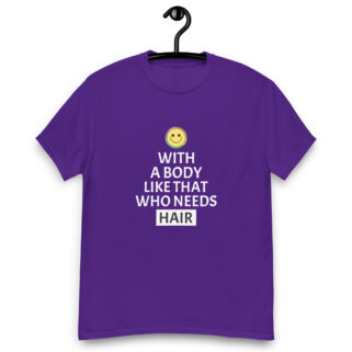 "Who Needs Hair" is a great designer decision in the Funny Slogans Category. This unisex t-shirt  is a manifestation of your brightness and originality. It's a high quality fabric and printed product, wear-resistant, pleasant to touch. All slogans are printed by our studio with high peformance equipment. Thematic T-shirt is the best choice for every day and any occasion.