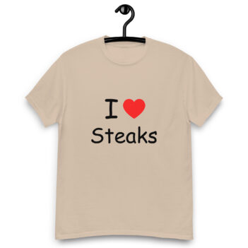 "I Love Steaks" is a great designer decision in the Funny Slogans Category. This unisex t-shirt  is a manifestation of your brightness and originality. It's a high quality fabric and printed product, wear-resistant, pleasant to touch. All slogans are printed by our studio with high peformance equipment. Our online store presents tees of various colors, made of 100% cotton and decorated with designer prints. Thematic T-shirt is the best choice for every day and any occasion.