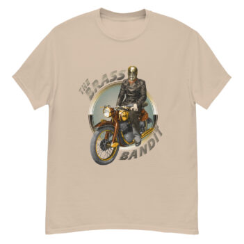 "Brass Bandit Motorcycle" is a great designer decision in the Cool Images Category. This unisex t-shirt  is a manifestation of your brightness and originality. It’s a high quality fabric and printed product, wear-resistant, pleasant to touch. All images are printed with high peformance equipment. Printed T-shirt is the best choice for every day and any occasion.