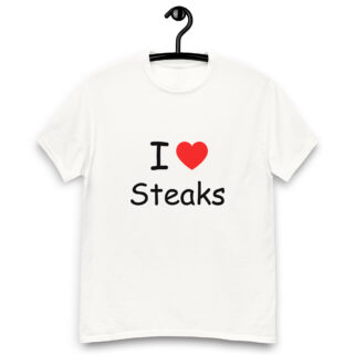 "I Love Steaks" is a great designer decision in the Funny Slogans Category. This unisex t-shirt  is a manifestation of your brightness and originality. It's a high quality fabric and printed product, wear-resistant, pleasant to touch. All slogans are printed by our studio with high peformance equipment. Our online store presents tees of various colors, made of 100% cotton and decorated with designer prints. Thematic T-shirt is the best choice for every day and any occasion.