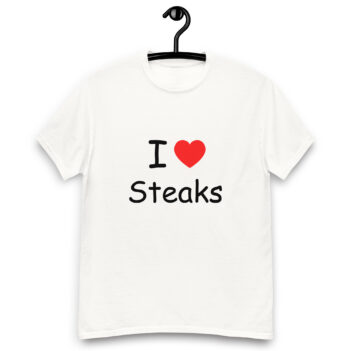 "I Love Steaks" is a great designer decision in the Funny Slogans Category. This unisex t-shirt  is a manifestation of your brightness and originality. It's a high quality fabric and printed product, wear-resistant, pleasant to touch. All slogans are printed by our studio with high peformance equipment. Our online store presents tees of various colors, made of 100% cotton and decorated with designer prints. Thematic T-shirt is the best choice for every day and any occasion.