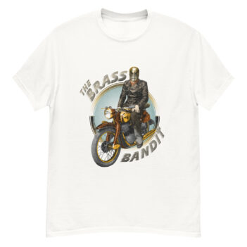 "Brass Bandit Motorcycle" is a great designer decision in the Cool Images Category. This unisex t-shirt  is a manifestation of your brightness and originality. It’s a high quality fabric and printed product, wear-resistant, pleasant to touch. All images are printed with high peformance equipment. Printed T-shirt is the best choice for every day and any occasion.